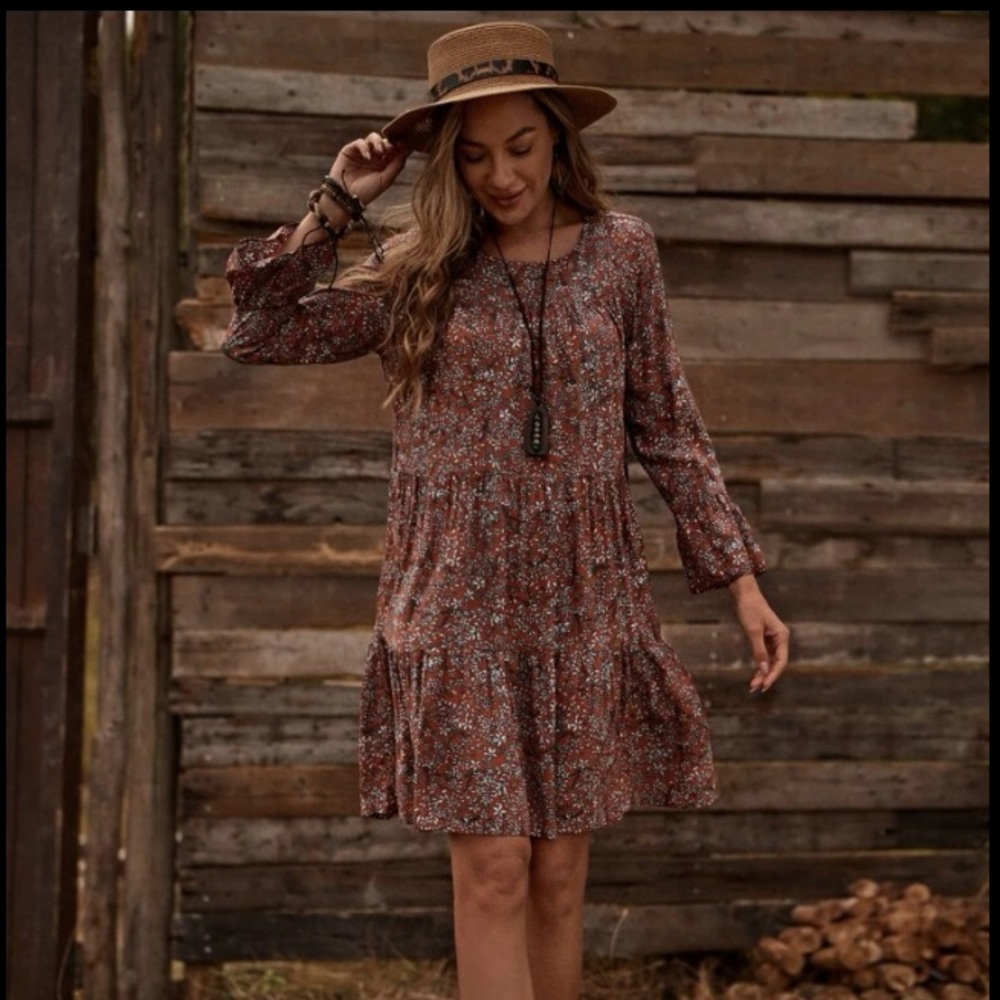 Country Cottage Ditsy Floral Flounce Sleeved Western Smock Dress New 👢 - Picture 3 of 4